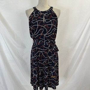 MICHAEL Kors Womens Navy Blue Gold Rope Halter Dress Sz MEDIUM Belted